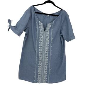 Sonoma Chambray Shift Dress size XL Split neck Embroidered Short Sleeve Boho